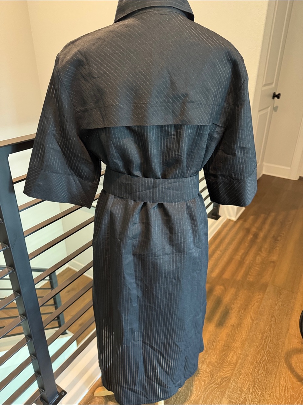 Simona Corsellini Navy Gold Metallic Pinstripe Snap Button Shirt Dress Tie 44 - Picture 7 of 14